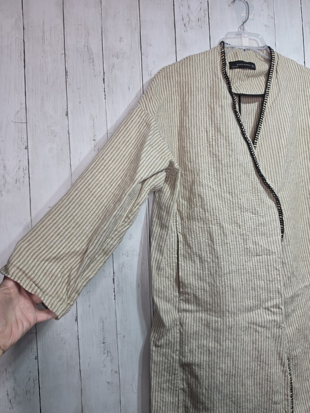Zara Womens Beige Linen Striped Fringe Trim Hem Midi Duster Wrap Coat Size Large - Picture 9 of 15